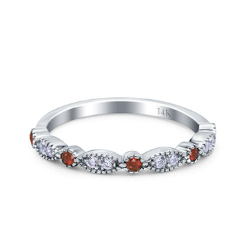 14K White Gold Half Eternity Wedding Band Art Deco Design Simulated Garnet CZ Ring Size-7